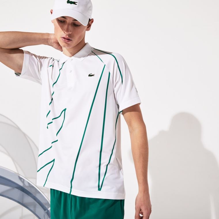 Lacoste SPORT Novak Djokovic Printed Pustende Polo Shirt Hvite Grønn | OWZZVMZZ