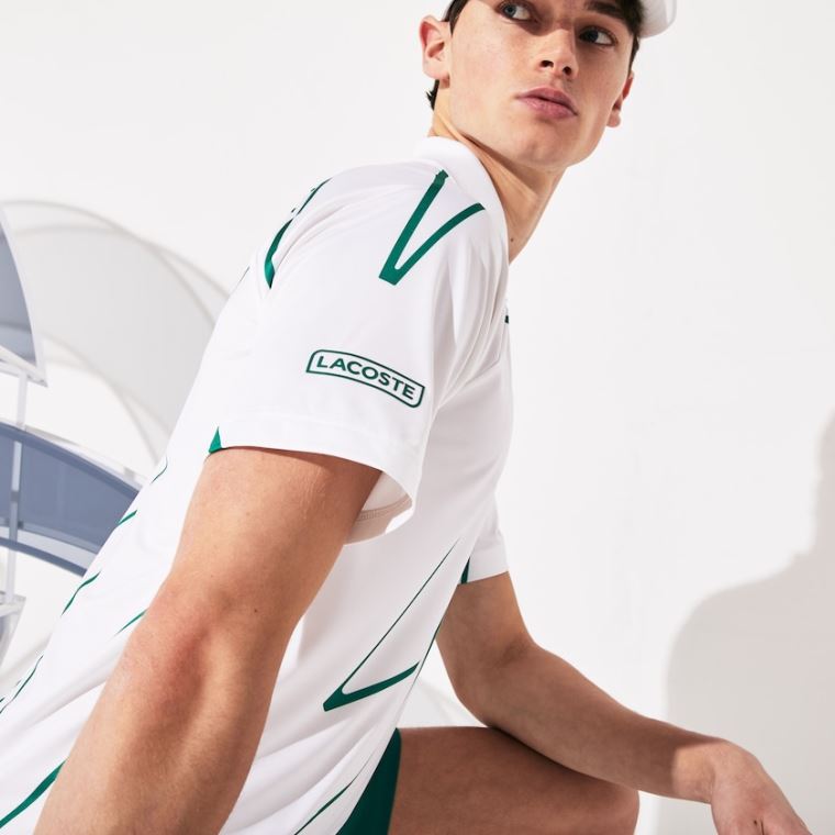 Lacoste SPORT Novak Djokovic Printed Pustende Polo Shirt Hvite Grønn | vNl5jMgJ