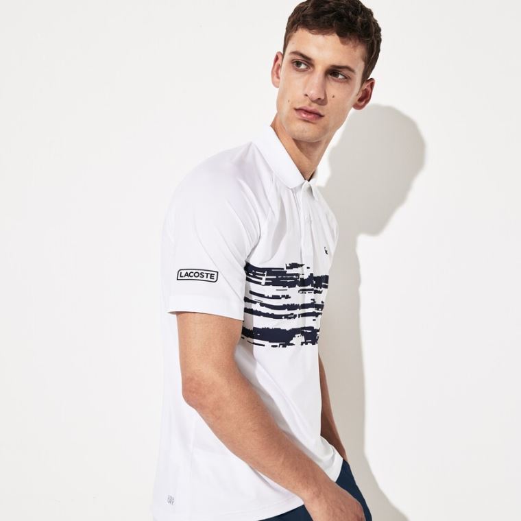 Lacoste SPORT Novak Djokovic Stretch Print Jersey Polo Hvite Marineblå Blå | HDZTBJ6m