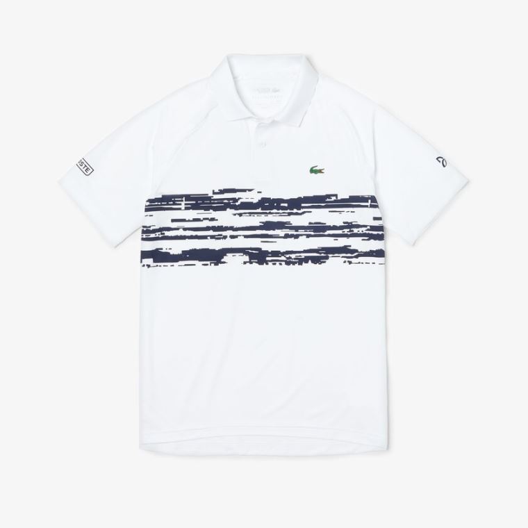 Lacoste SPORT Novak Djokovic Stretch Print Jersey Polo Hvite Marineblå Blå | HDZTBJ6m