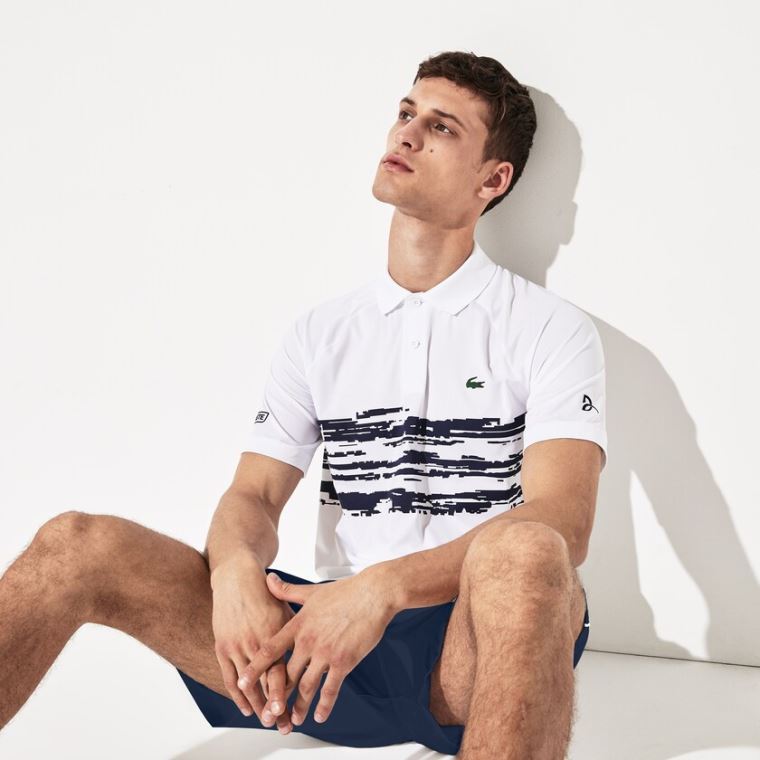 Lacoste SPORT Novak Djokovic Stretch Print Jersey Polo Hvite Marineblå Blå | HDZTBJ6m