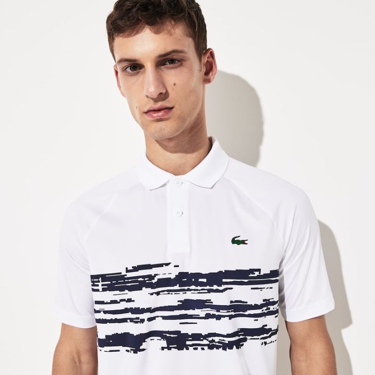 Lacoste SPORT Novak Djokovic Stretch Print Jersey Polo Hvite Marineblå Blå | HDZTBJ6m