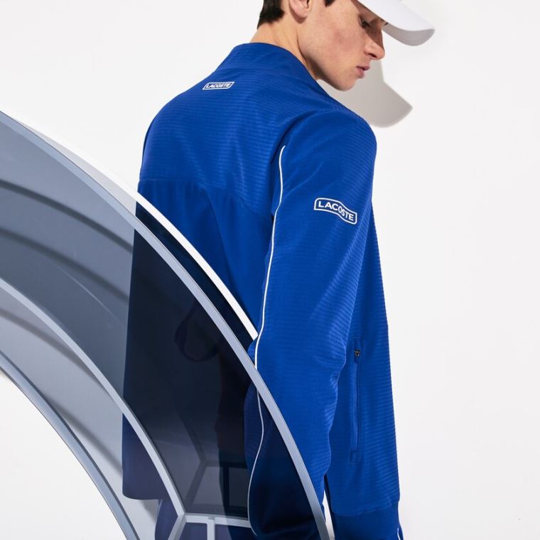 Lacoste SPORT Novak Djokovic Textured Zip Jacket Blå Hvite | FTiciuVp