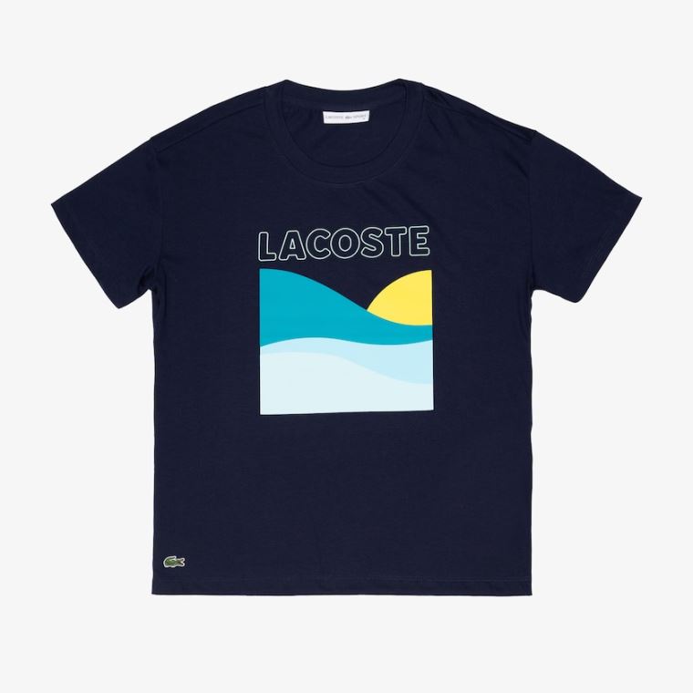 Lacoste SPORT Printed Tennis T-Shirt Marineblå Blå Hvite | FkaKqBsM