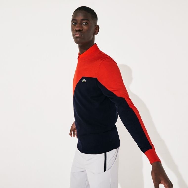 Lacoste SPORT Pustende Knit Crew Neck Golf Genser Rød Marineblå Blå | X1oTek7E