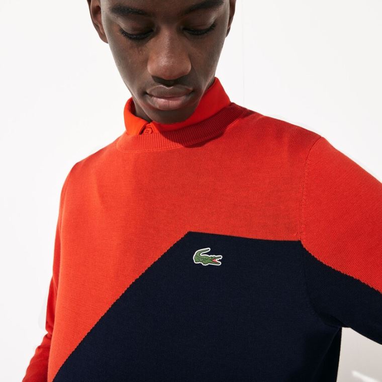 Lacoste SPORT Pustende Knit Crew Neck Golf Genser Rød Marineblå Blå | X1oTek7E