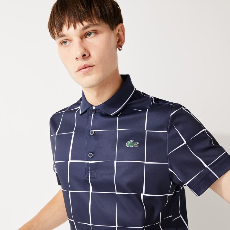 Lacoste SPORT Pustende Print Piqué Tennis Polo Shirt Marineblå Blå Hvite | NhJwb628