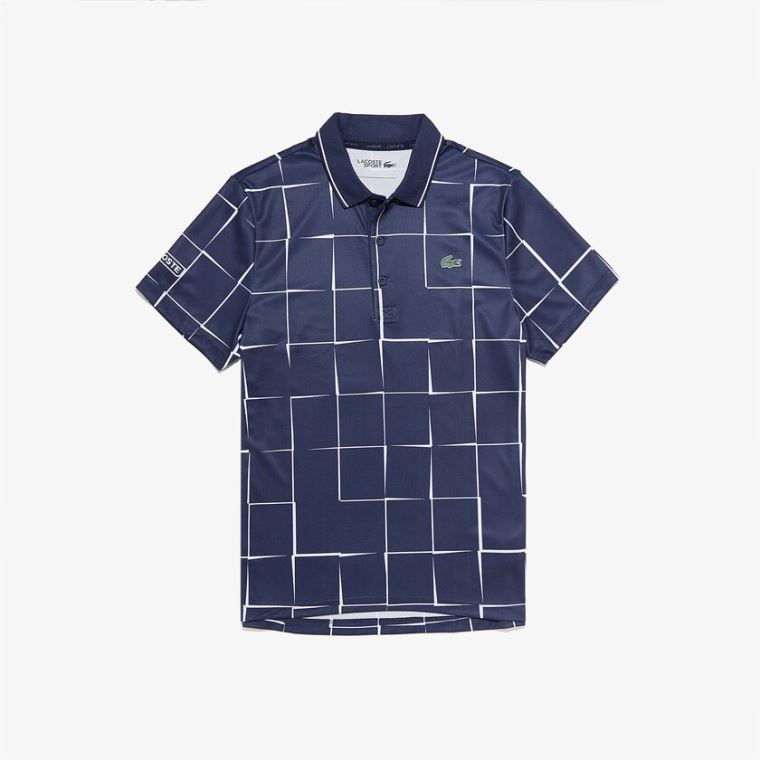 Lacoste SPORT Pustende Print Piqué Tennis Polo Shirt Marineblå Blå Hvite | NhJwb628