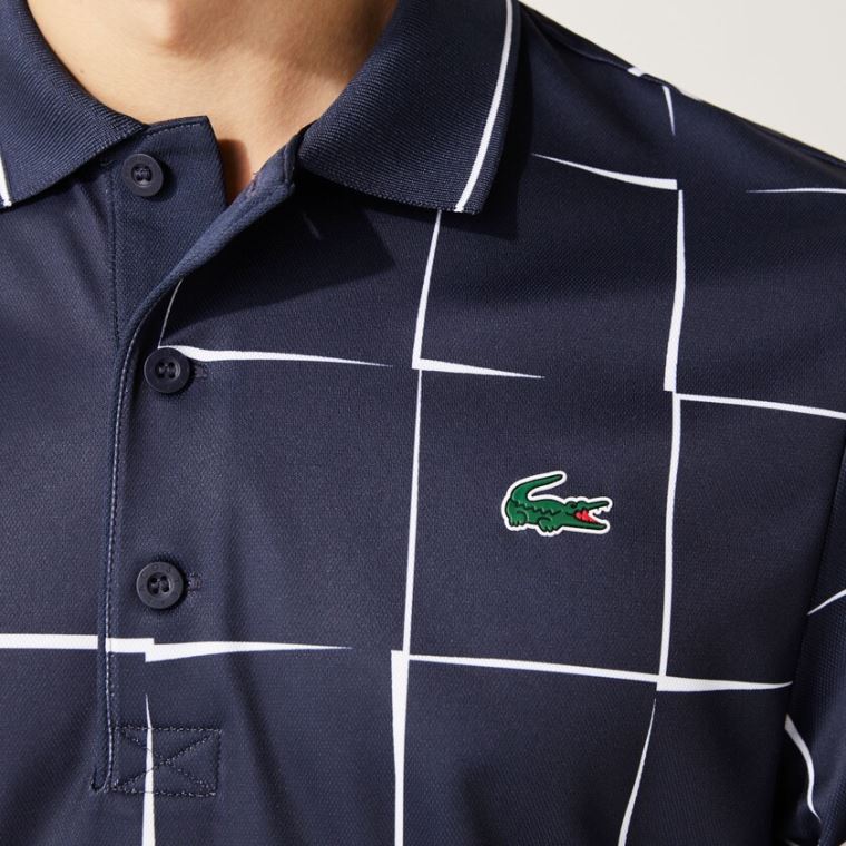 Lacoste SPORT Pustende Print Piqué Tennis Polo Shirt Marineblå Blå Hvite | NhJwb628