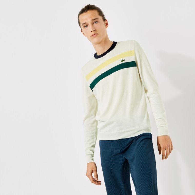 Lacoste SPORT Pustende Striped Wool Golf Genser Hvite Gul Grønn Marineblå Blå | Besagu9M