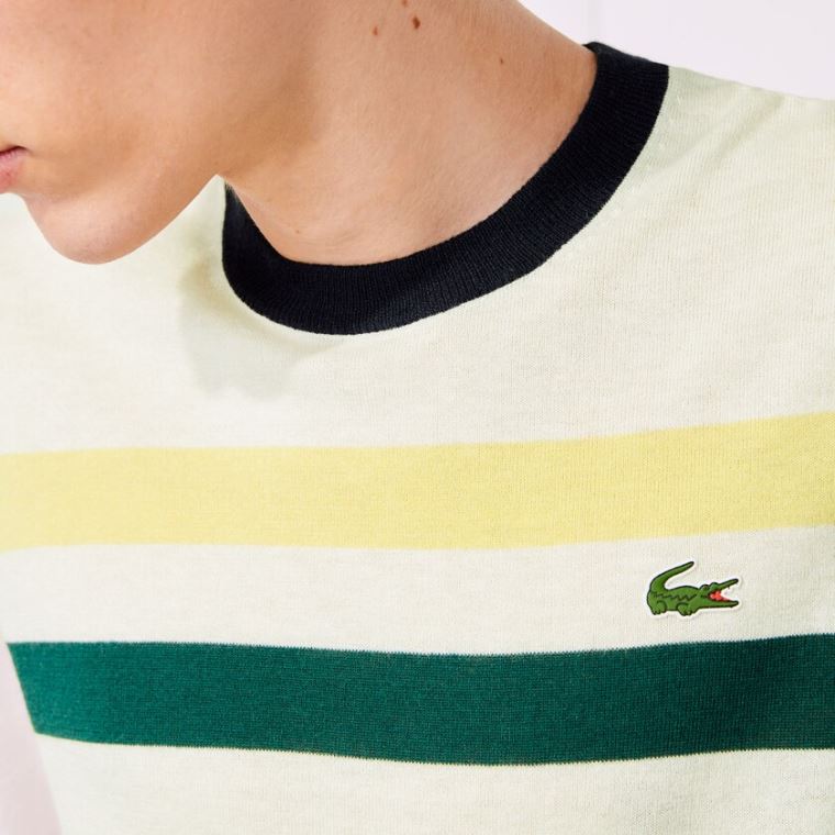 Lacoste SPORT Pustende Striped Wool Golf Genser Hvite Gul Grønn Marineblå Blå | Besagu9M