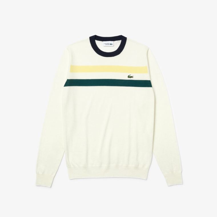 Lacoste SPORT Pustende Striped Wool Golf Genser Hvite Gul Grønn Marineblå Blå | Besagu9M