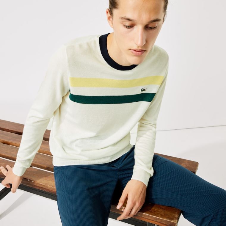 Lacoste SPORT Pustende Striped Wool Golf Genser Hvite Gul Grønn Marineblå Blå | Besagu9M