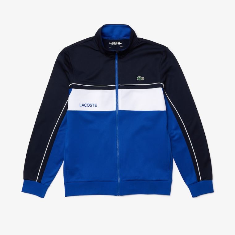 Lacoste SPORT Resistant Colourblock Piqué Zip Sweatshirt Marineblå Blå Blå Hvite Blå | ybUApMLM