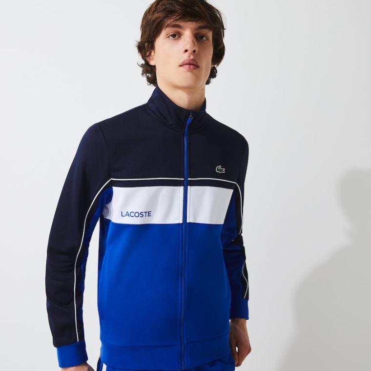 Lacoste SPORT Resistant Colourblock Piqué Zip Sweatshirt Marineblå Blå Blå Hvite Blå | ybUApMLM