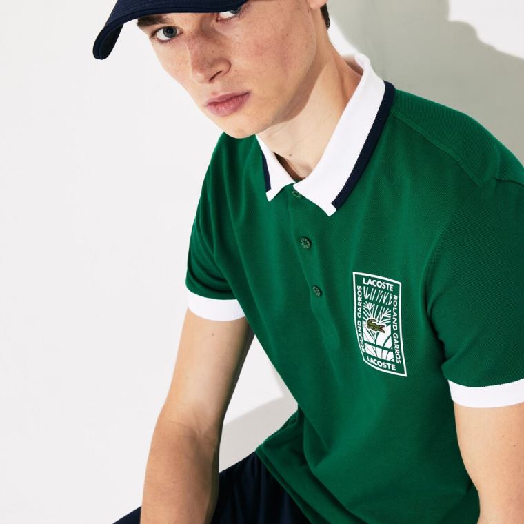 Lacoste SPORT Roland Garros Plant-Print Bomull Polo Shirt Grønn Hvite Marineblå Blå | 1BSQBfAp