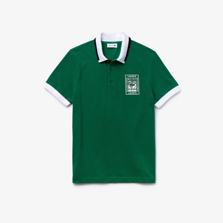 Lacoste SPORT Roland Garros Plant-Print Bomull Polo Shirt Grønn Hvite Marineblå Blå | 1BSQBfAp