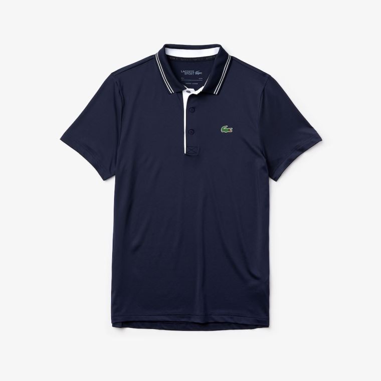 Lacoste SPORT Signature Pustende Golf Polo Shirt Marineblå Blå Hvite | DsZWnXxW