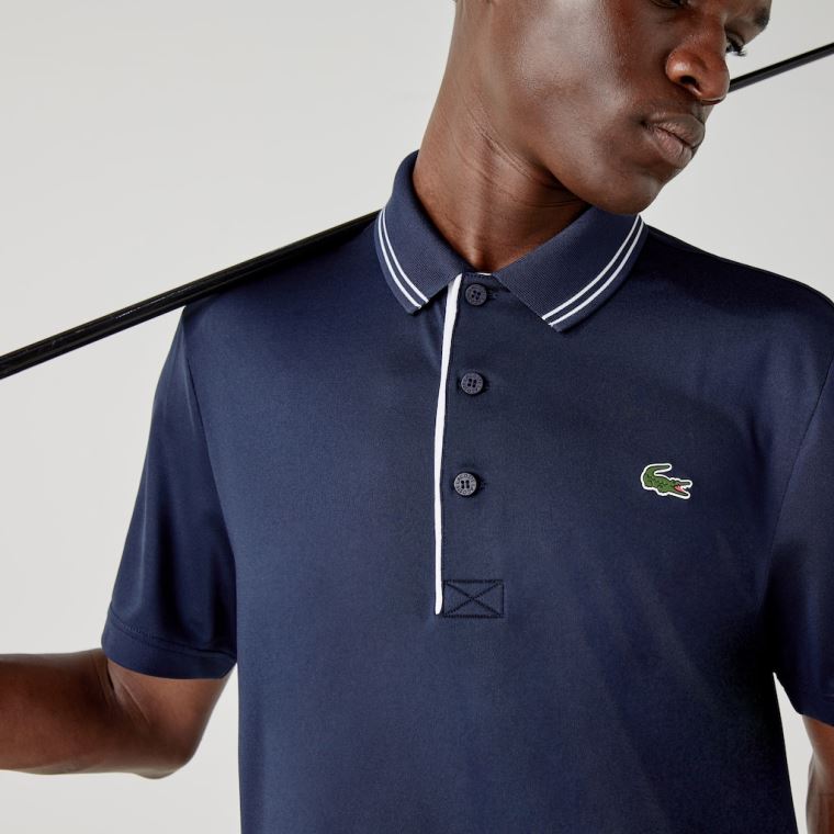 Lacoste SPORT Signature Pustende Golf Polo Shirt Marineblå Blå Hvite | DsZWnXxW