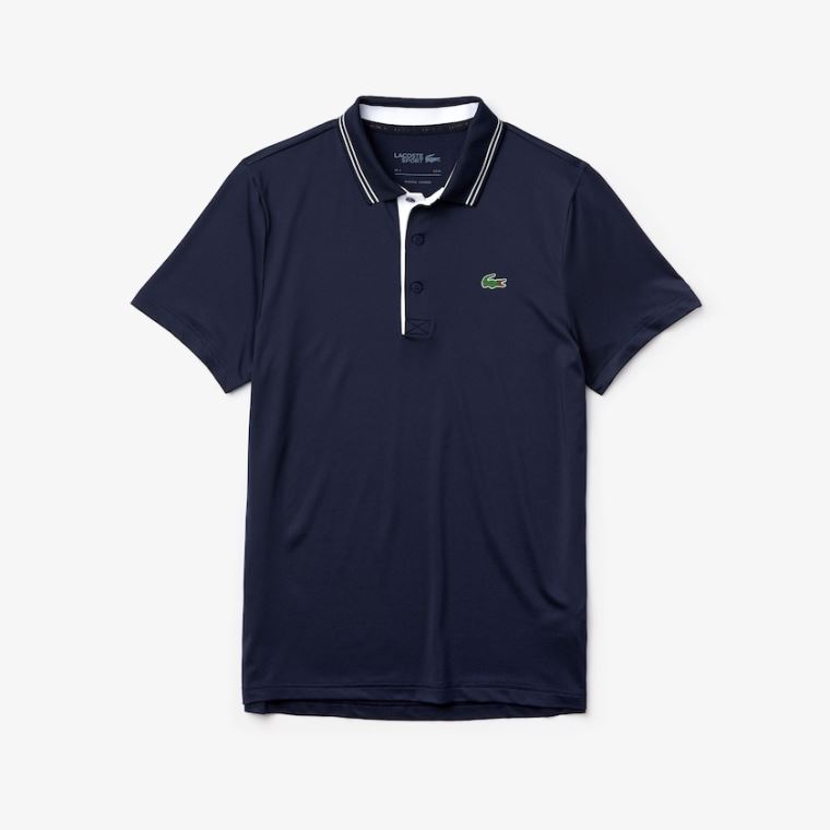 Lacoste SPORT Signature Pustende Golf Polo Shirt Marineblå Blå Hvite | K8IsWBYL