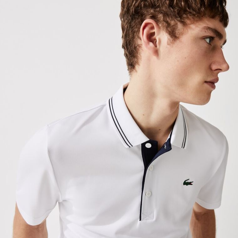 Lacoste SPORT Signature Pustende Golf Polo Shirt Hvite Marineblå Blå | hNoAeDyL