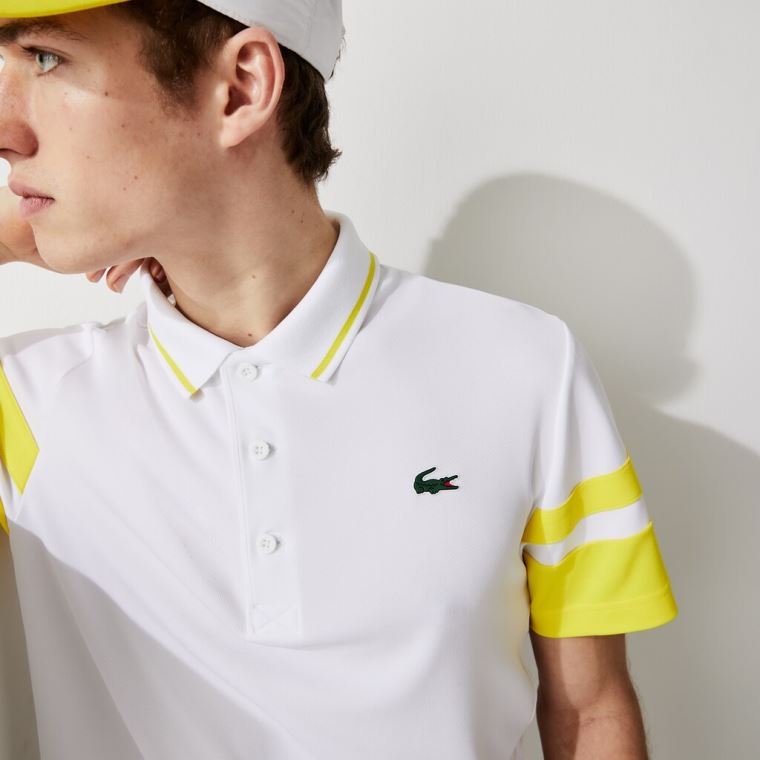 Lacoste SPORT Striped-Sleeve Pustende Piqué Tennis Polo Shirt Hvite Gul | 8iv4yFKi