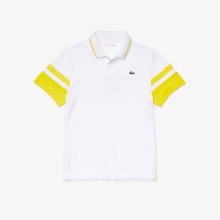 Lacoste SPORT Striped-Sleeve Pustende Piqué Tennis Polo Shirt Hvite Gul | 8iv4yFKi