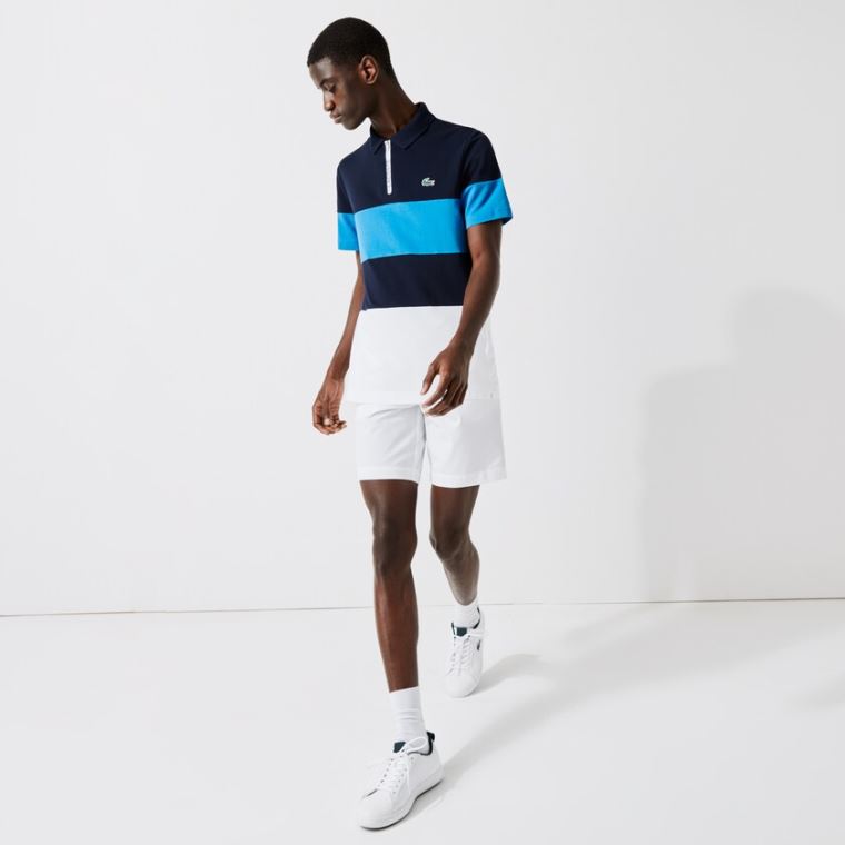 Lacoste SPORT Striped Stretch Piqué Zip-Up Golf Polo Shirt Marineblå Blå Blå Hvite | 1Qamcwfu