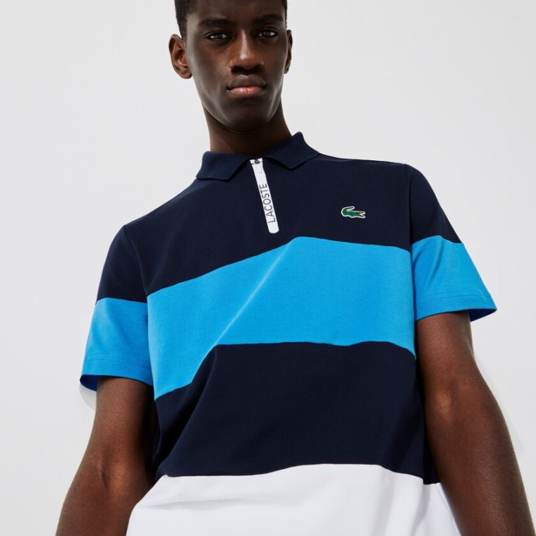 Lacoste SPORT Striped Stretch Piqué Zip-Up Golf Polo Shirt Marineblå Blå Blå Hvite | 1Qamcwfu