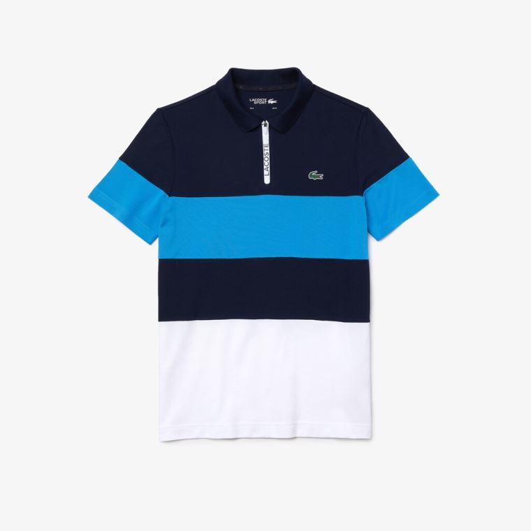 Lacoste SPORT Striped Stretch Piqué Zip-Up Golf Polo Shirt Marineblå Blå Blå Hvite | 3bBeyFjk