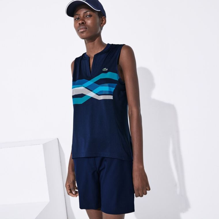 Lacoste SPORT Ultra Dry Geometric Print Performance Polo Marineblå Blå Turkis Blå Hvite | XFljHpJt