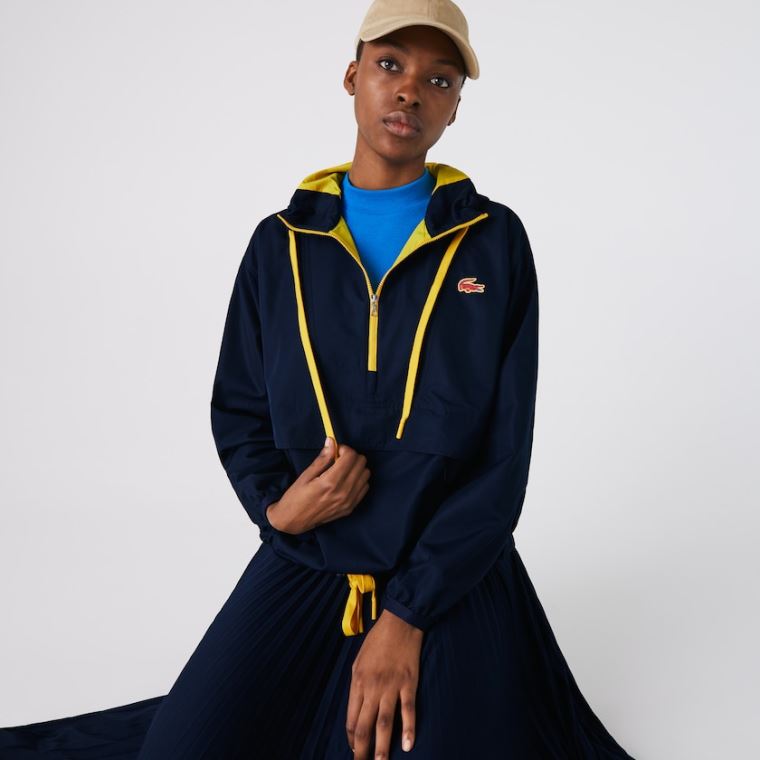 Lacoste SPORT Vann-Resistant Pullover Windbreaker Marineblå Blå Gul | KH2gefdX