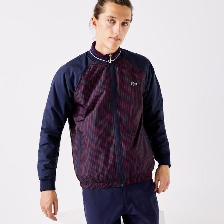 Lacoste SPORT Vann-Resistant Striped Zip Golf Jacket Marineblå Blå Rød Hvite | VitZSf8b