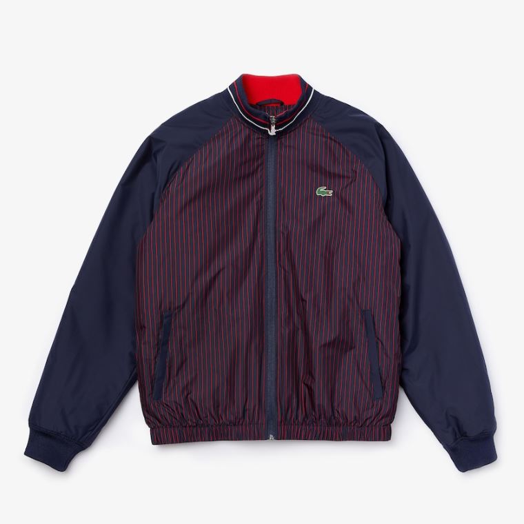 Lacoste SPORT Vann-Resistant Striped Zip Golf Jacket Marineblå Blå Rød Hvite | VitZSf8b