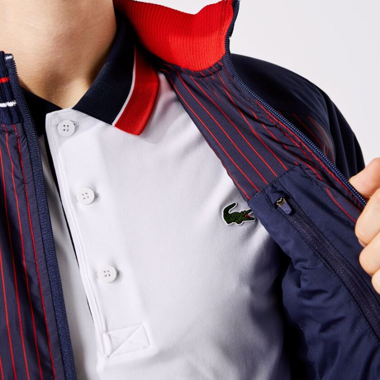 Lacoste SPORT Vann-Resistant Striped Zip Golf Jacket Marineblå Blå Rød Hvite | VitZSf8b