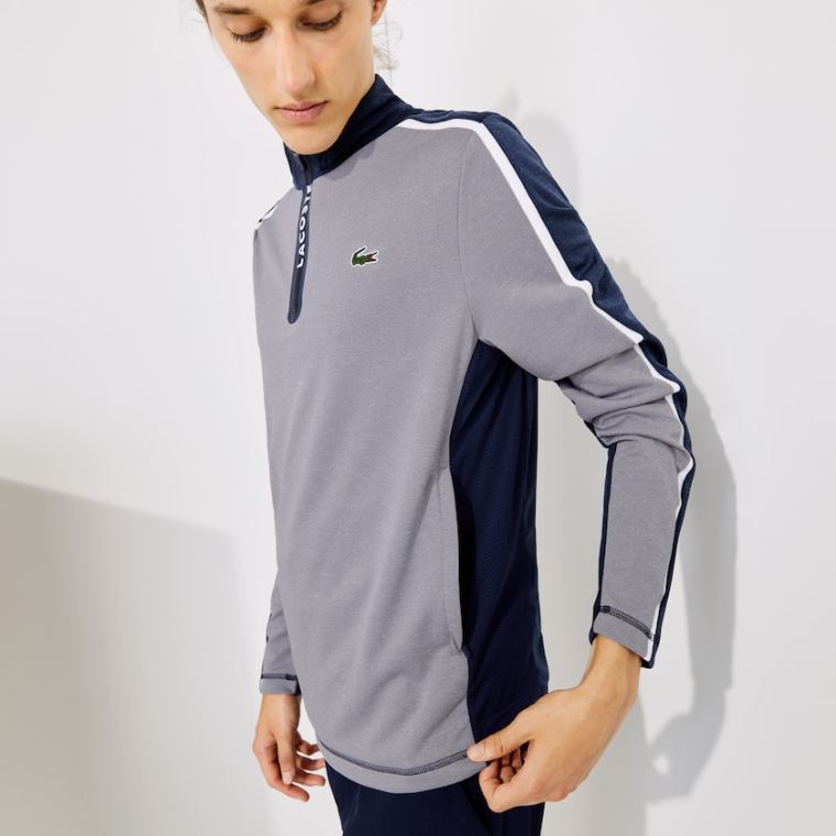 Lacoste SPORT Zip Stand-Up Collar Stretch Golf Sweatshirt Grå Marineblå Blå Hvite | Ke1ELoXI