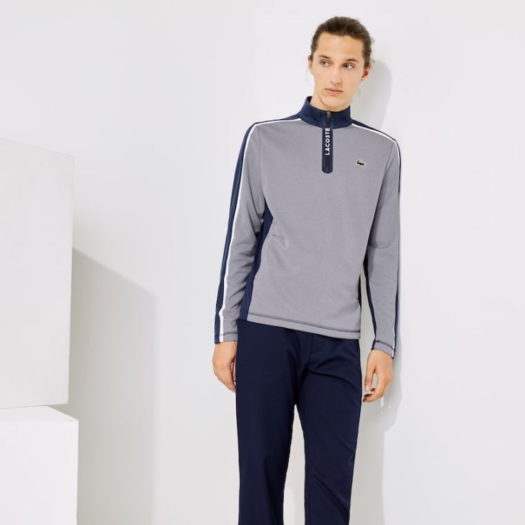 Lacoste SPORT Zip Stand-Up Collar Stretch Golf Sweatshirt Grå Marineblå Blå Hvite | Ke1ELoXI