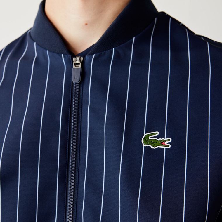 Lacoste SPORT x Novak Djokovic Striped Bomber Jacket Marineblå Blå Hvite | 91hdimZh