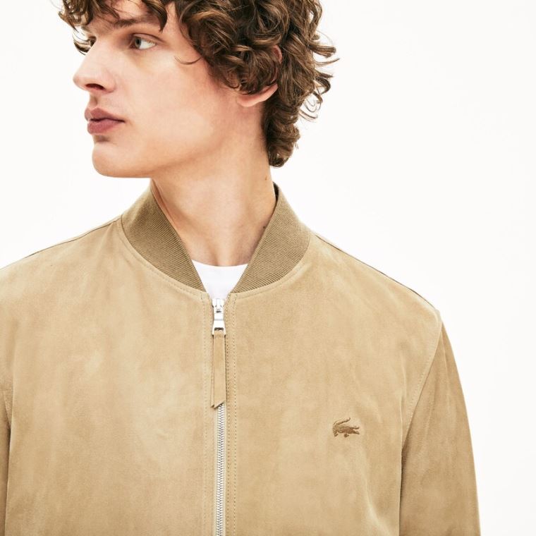 Lacoste Semsket Skinn Zip-Up Bomber Beige | JAJCw5AV