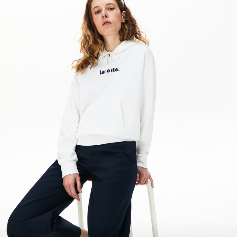 Lacoste Signature Brede Hette Fleece Sweatshirt Hvite | CFzanzRq