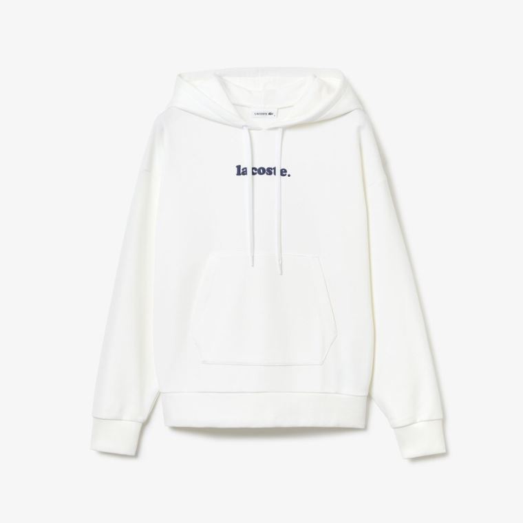 Lacoste Signature Brede Hette Fleece Sweatshirt Hvite | CFzanzRq