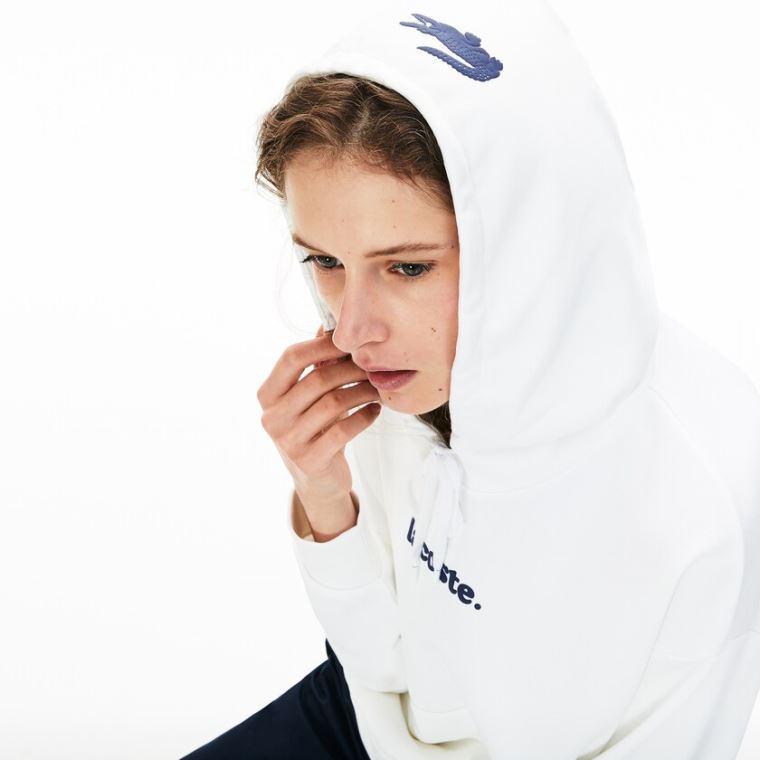 Lacoste Signature Brede Hette Fleece Sweatshirt Hvite | CFzanzRq