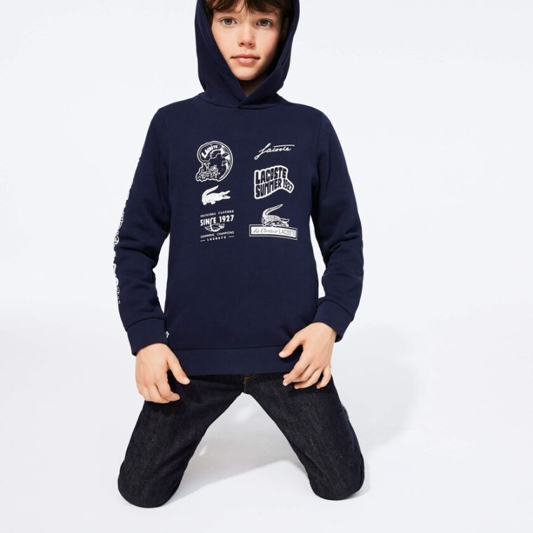 Lacoste Signature Logos Bomull-Blend Hoodie Marineblå Blå Hvite | fRUYy9Pe