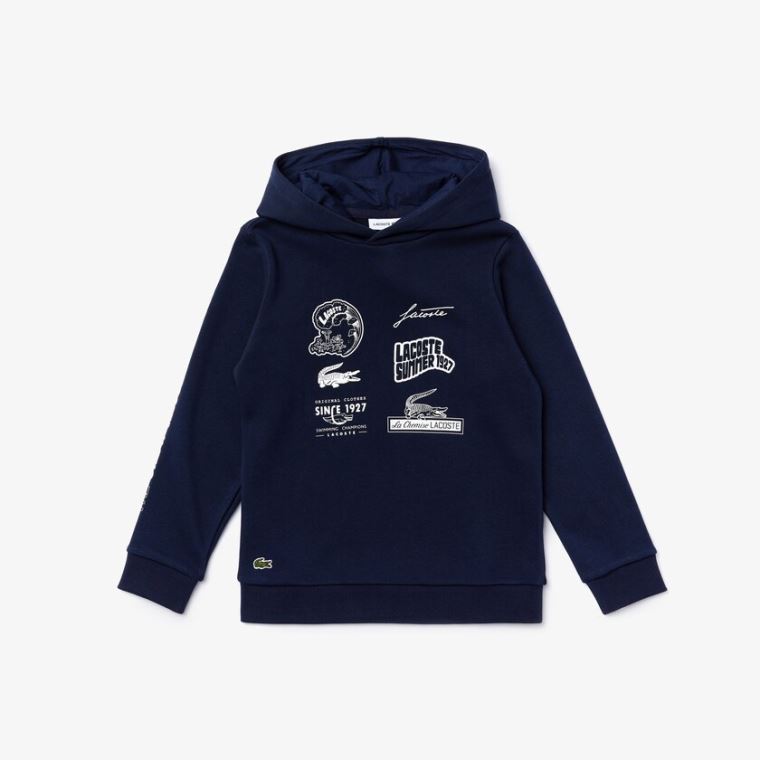 Lacoste Signature Logos Bomull-Blend Hoodie Marineblå Blå Hvite | fRUYy9Pe