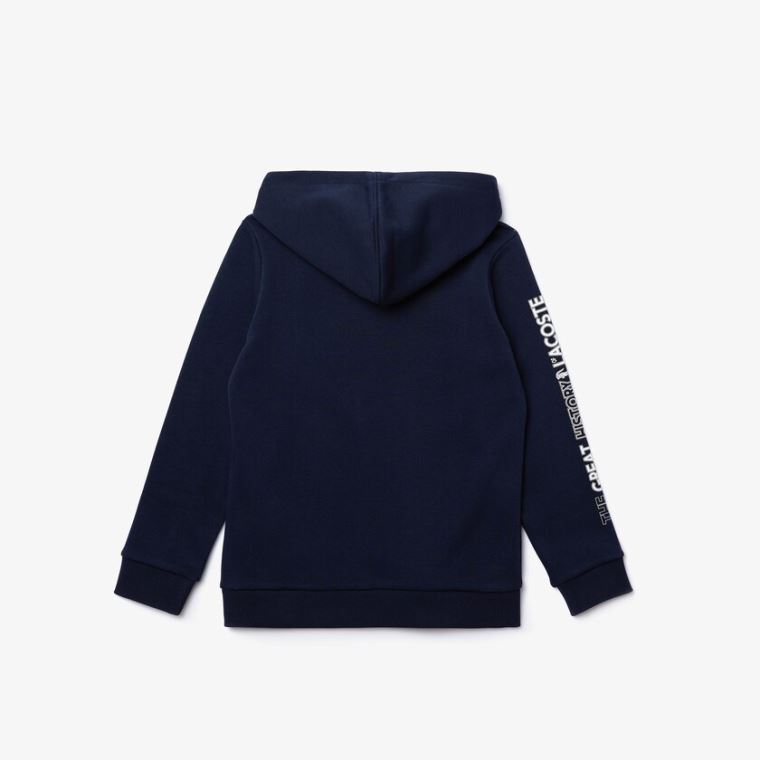 Lacoste Signature Logos Bomull-Blend Hoodie Marineblå Blå Hvite | fRUYy9Pe