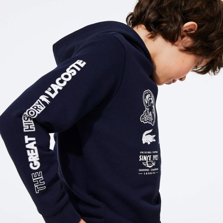 Lacoste Signature Logos Bomull-Blend Hoodie Marineblå Blå Hvite | fRUYy9Pe