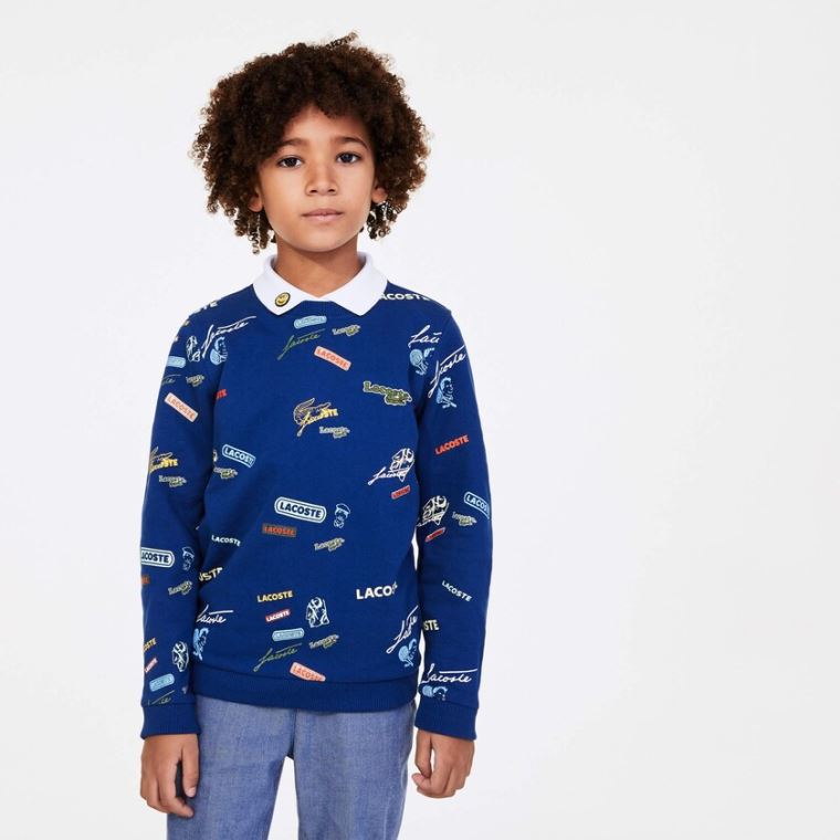 Lacoste Signature Print Bomull Fleece Sweatshirt Blå Hvite | iUCT0JuG