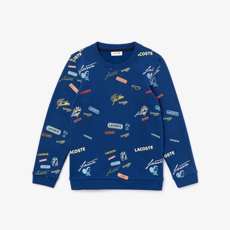 Lacoste Signature Print Bomull Fleece Sweatshirt Blå Hvite | iUCT0JuG