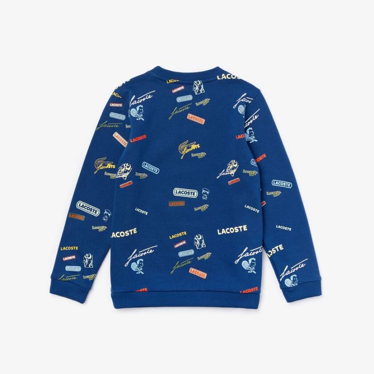 Lacoste Signature Print Bomull Fleece Sweatshirt Blå Hvite | iUCT0JuG