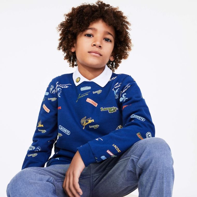 Lacoste Signature Print Bomull Fleece Sweatshirt Blå Hvite | iUCT0JuG